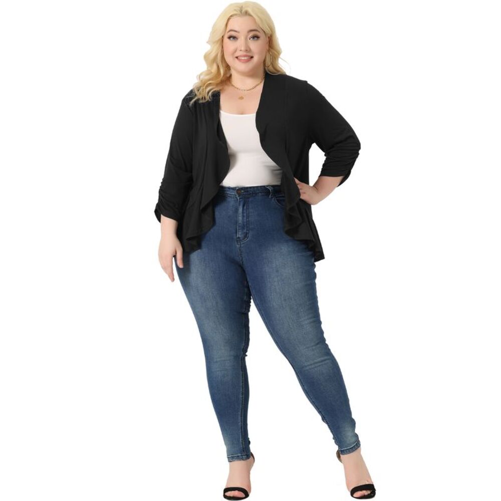 Plus Size 3/4 Sleeve Open Front Cropped Shrug Bolero Cardigans Jacket Black - Picture 3 of 6